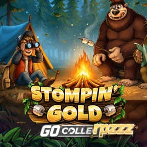 Pemandangan hutan dalam permainan slot Stompin Gold dengan elemen petualangan